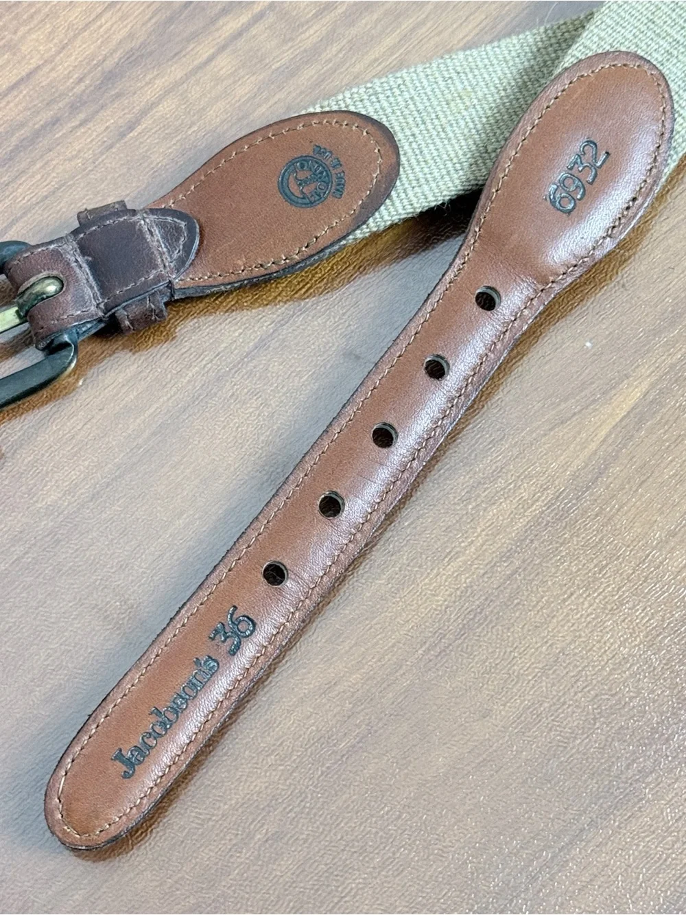 Vintage Torino Men’s Brown Leather & Tan Canvas Belt Jacobson’s 36 NWT